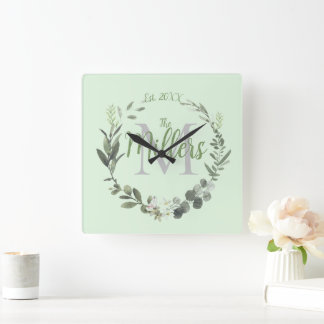 Elegante familienaam monogram bladgroen ronde klok