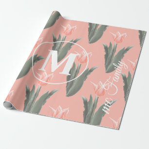 Elegante familienaam monogram perzik tulpen schild cadeaupapier