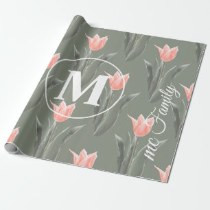 Elegante familienaam monogram perzik tulpen schild cadeaupapier