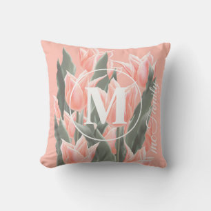 Elegante familienaam monogram perzik tulpen schild kussen