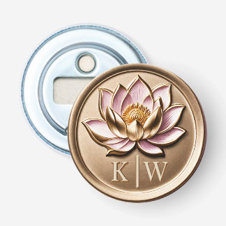 Elegante Faux 3D verguld roze Lotus Gold Monogram Button Flesopener
