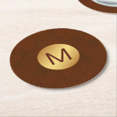 Elegante Faux Bruine textuur & Goud Initiaal Naam Ronde Kartonnen Onderzetter (Gebogen)