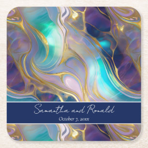 Elegante Faux Gold en Blauwe Opal Stone Wedding Vierkante Kartonnen Onderzetter