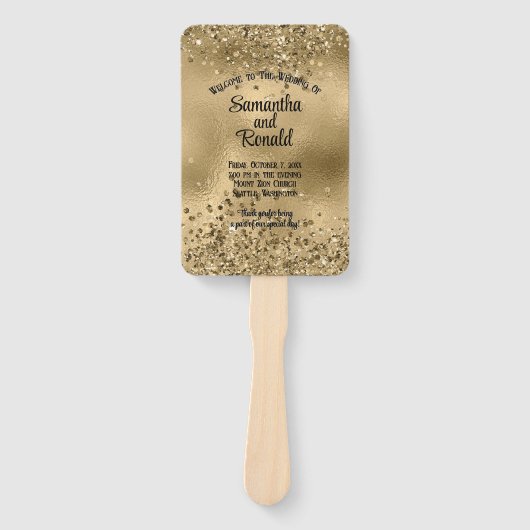 Elegante Faux Gold Glitter en Folie Trouwprogramma Handwaaier (Voorkant)
