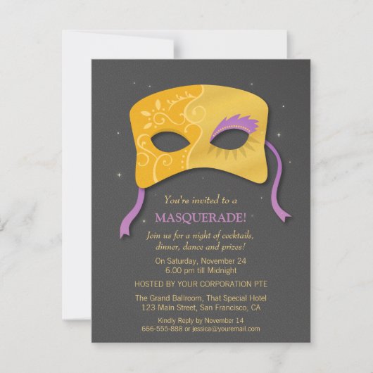 Elegante Faux Gold Mask Masquerade Party Uitnodigi Kaart (Voorkant)