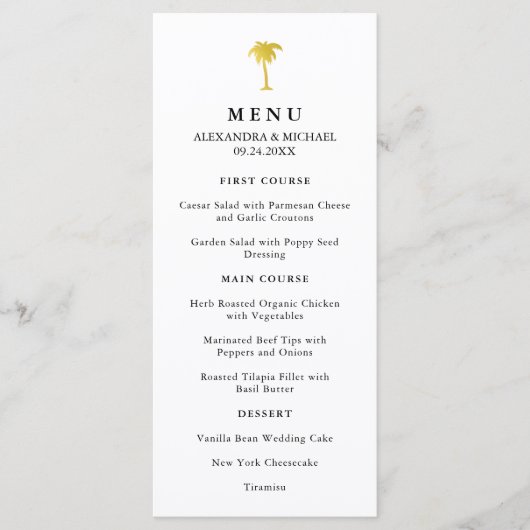 Elegante Faux Gold Palm Bruiloft Menu (Voorkant)