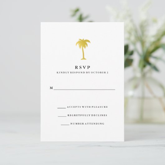 Elegante Faux Gold Palm Bruiloft RSVP (Staand voorkant)