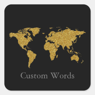 Elegante Faux Gold wereldkaart op zwarte vierkante Sticker