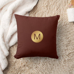 Elegante Faux Red Leather & Gold Monogram Initiaal Kussen