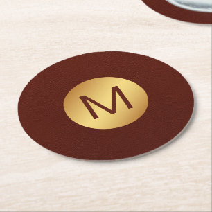 Elegante Faux Red Leather & Gold Monogram Initiaal Ronde Kartonnen Onderzetter
