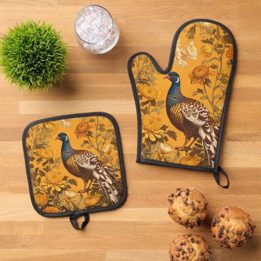 Elegante fazant William Morris geïnspireerd Ovenwant & Pannenlap Set (Top down)