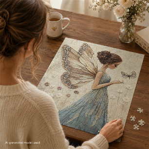 Elegante Fee & Vlinder Mozaïek Fantasie in Blauw Legpuzzel