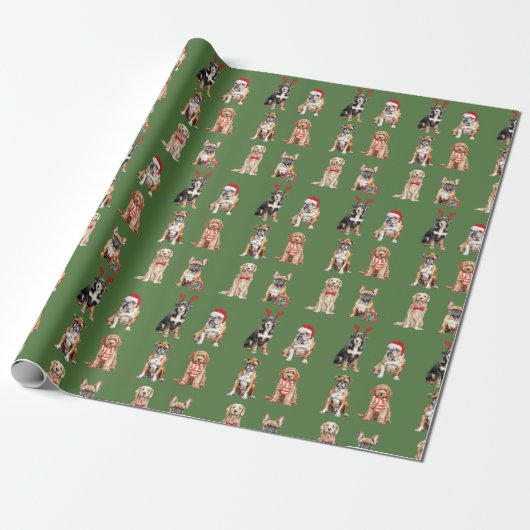 Elegante feestelijke groene puppy hond Kerstmis Cadeaupapier (Uitgerold)