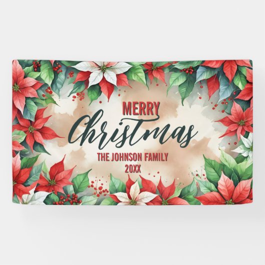 Elegante feestelijke rood-witte poinsettia kerst spandoek (Horizontaal)