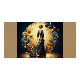 Elégante femme Art Déco en Or et Bleu
