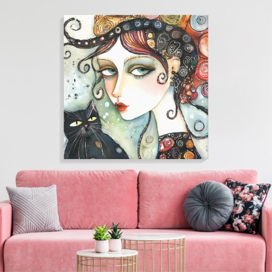 Élégante Femme et chat toile étirée Impression (Insitu(Salon))
