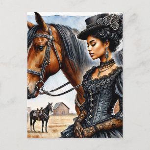 Elégante Femme Noire Avec Carte Postale Cheval