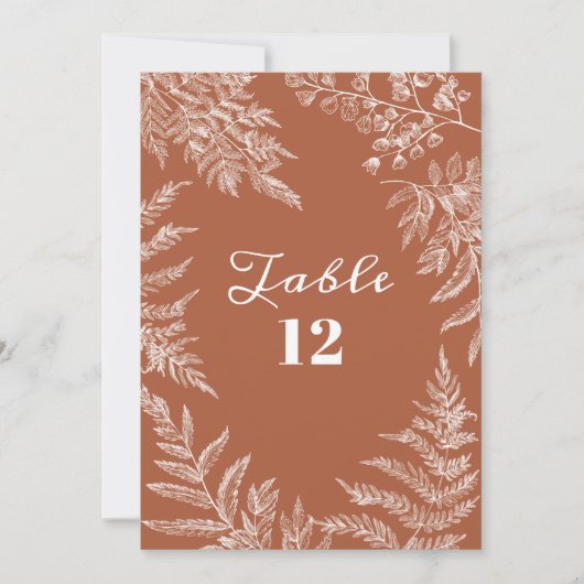Elegante Fern Leaf Terracotta Bruiloft Tafel Numme Kaart (Voorkant)