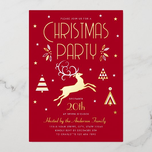 Élégante fête de Noël Deep Red Foil Invitation (Recto)