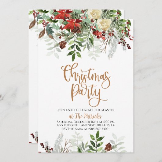 Elégante fête de Noël florale Invitation (Devant / Derrière)