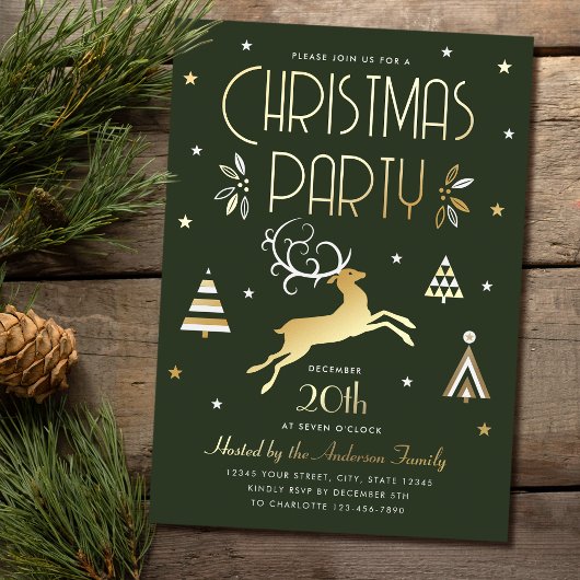 Élégante fête de Noël Green Gold Foil Invitation