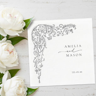 Elegante Filigree Zwarte en Witte Papieren Huwelij Servet
