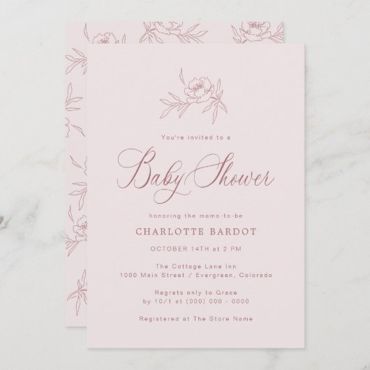 Elégante fille bébé rose Douche Invitation (Devant / Derrière)