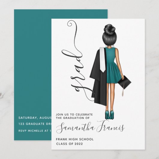 Élégante Fille Graduation Party Invit Invitation (Devant / Derrière)