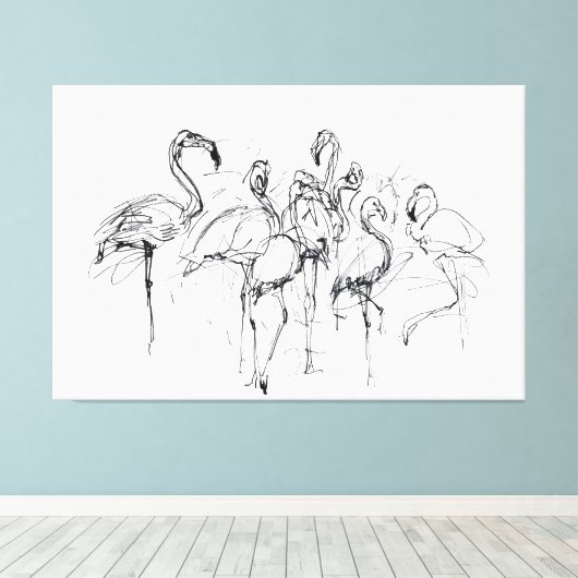 Elegante Flamingo Flock Sketch - Premium Canvas Afdruk (Insitu (Houten vloer))