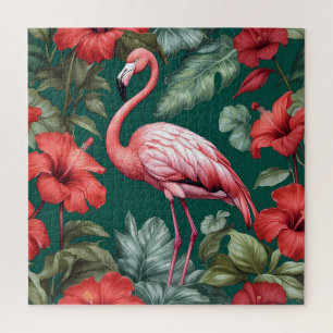 Elegante Flamingo Hibiscus Bloemen Smaragd Groen Legpuzzel