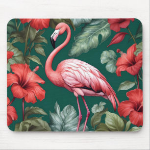 Elegante Flamingo Hibiscus Bloemen Smaragd Groen Muismat