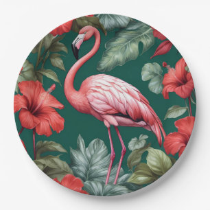 Elegante Flamingo Hibiscus Bloemen Smaragd Groen Papieren Bordje