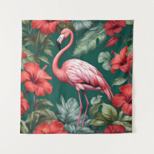 Elegante Flamingo Hibiscus Bloemen Smaragd Groen Wandkleed