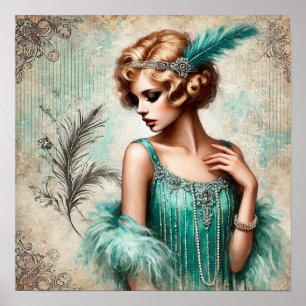 Elegante flapper dame in een turquois jurk, jaren poster