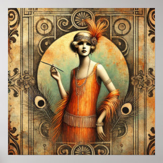 Elegante Flapper Lady in een Oranje jurk, Art Deco Poster