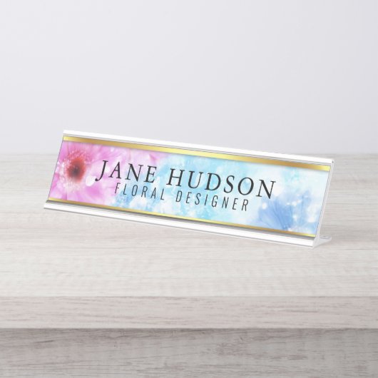 Élégante Fleur Or Moderne Bureau Nom Plaque (Devant)