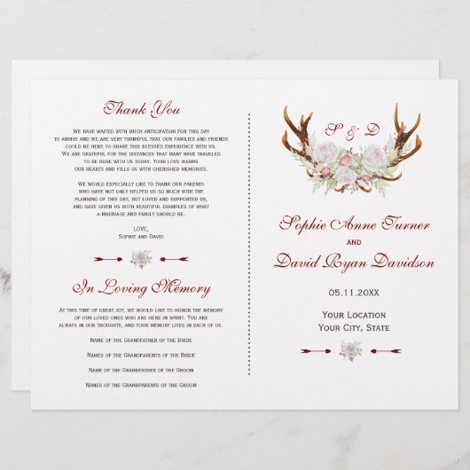 Elégante Fleurs Blanches Antlers Programme de Mari (Devant / Derrière)