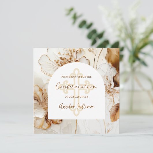 Elégante Fleurs Brown Confirmation Invitation (Debout devant)