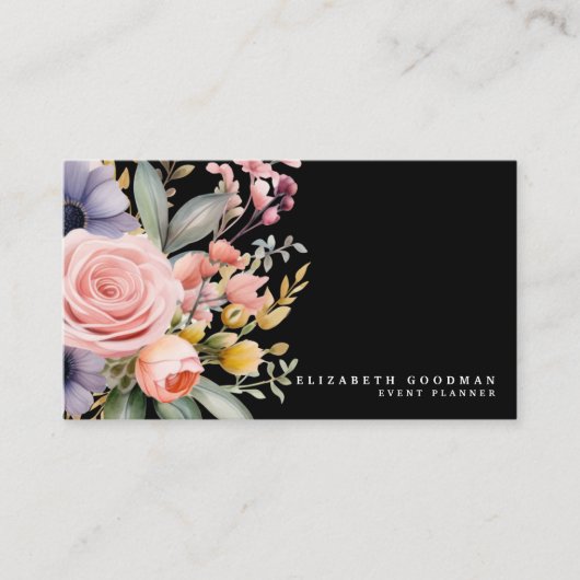 Elégante Fleurs Douces Cartes de visite noirs (Devant)