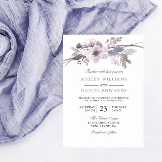 Elégante Fleurs violettes Blanc Mariage Invitation