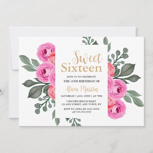 Elegante Flora Dusty Pink Rose Gold Sweet 16 Kaart (Voorkant)
