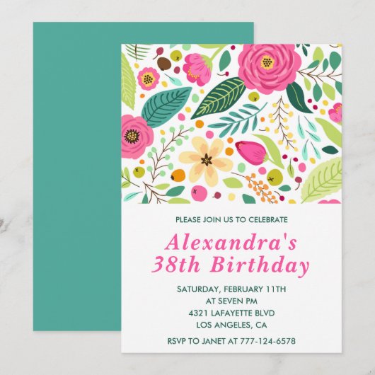 Elégante Floral 38e anniversaire invitations Color (Devant / Derrière)