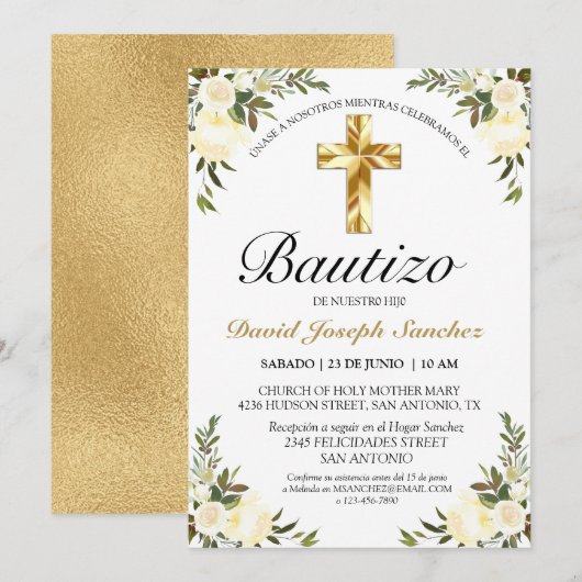 Elegante Floral Bautizo Amarillo Bebé Invitation (Devant / Derrière)