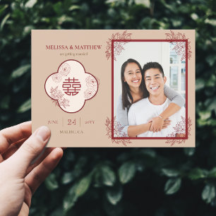 Elegante Floral Chinese bruiloft foto Save the Dat Date