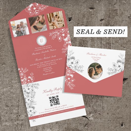 Elegante Floral Coral Wedding All In One Uitnodiging