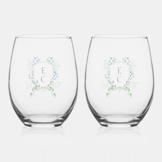 Elegante Floral Crest Wedding Drinkware Set Wijnglas Zonder Voet (Voorkant)