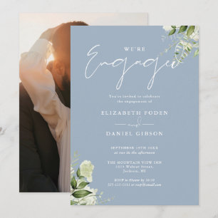 Elegante Floral Dusty Blue Photo Engagement Party Kaart