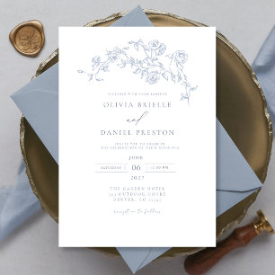 Elegante Floral  Dusty Blue Wedding Kaart