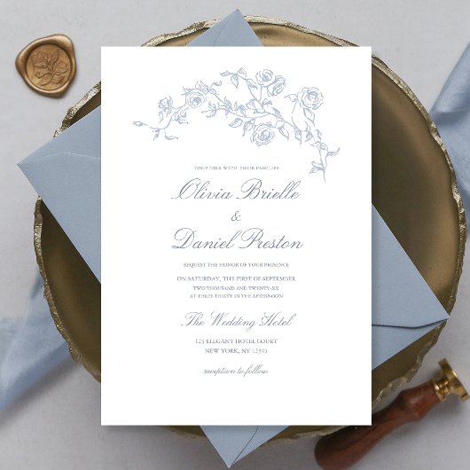 Elegante Floral  Dusty Blue Wedding Kaart