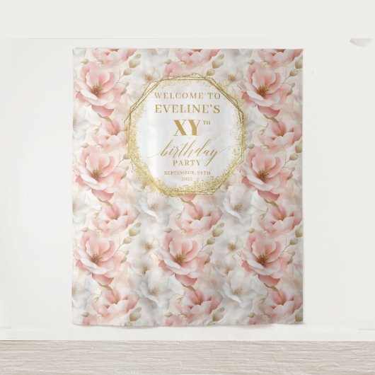 Elegante Floral Dusty Roze Verjaardagsfeestje Acht Wandkleed (Voorkant)